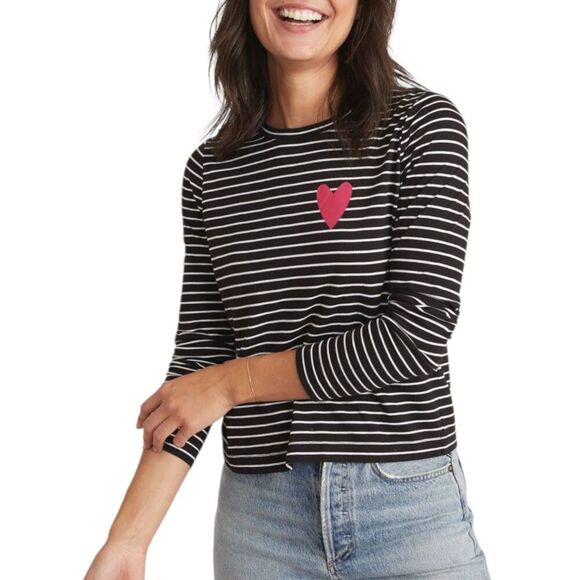 Marine Layer Black Striped Heart Long Sleeve Chloe Tee XS - Picture 1 of 5